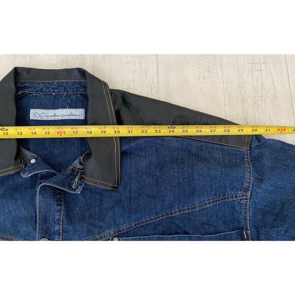 Vtg PELLE PELLE Denim Shirt Jacket Men's 4XL Dark Wash Fade Button Leather Trim - Picture 9 of 13